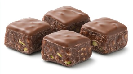 Stacked chocolate bars featuring crunchy pistachios are arranged neatly on a white background, highlighting their rich texture and appealing colors. Perfect for dessert lovers and snack enthusiasts