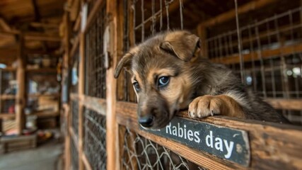 Curious puppy peers through a wire cage in a shelter, a small sign notes World Rabies Day! for pups
