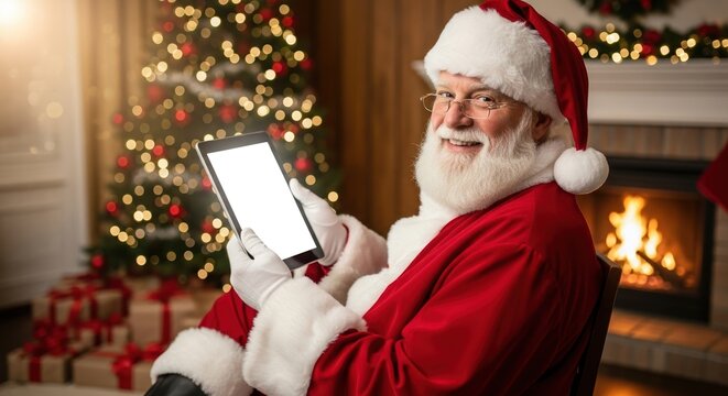 Santa Claus holding a tablet with a blank screen mockup while sitting next to a Christmas tree and fireplace.