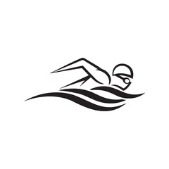 Stylized black and white icon of a swimmer in motion over stylized waves