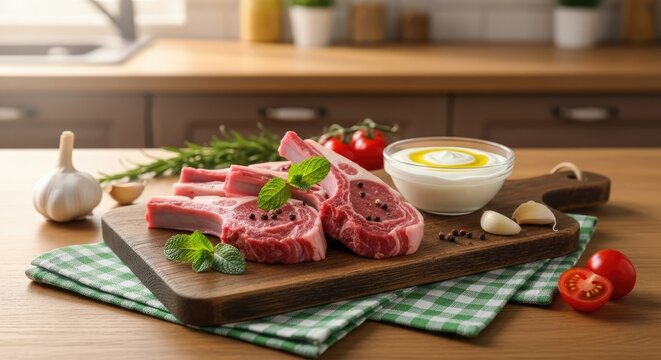 A wooden cutting board displays raw lamb chops, garnished with fresh herbs, alongside garlic, tomatoes, and a bowl of creamy sauce, all on a wooden kitchen surface