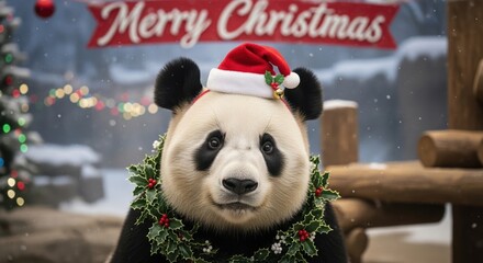 Giant Panda wearing a Santa hat and holly wreath with a Merry Christmas banner in the background.