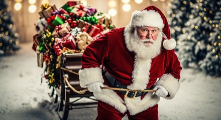 Traditional Santa Claus exerting effort pulling a wooden sleigh overloaded with holiday gifts in a snowy setting.