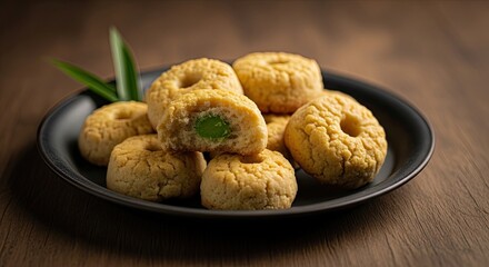 Close-up of a dark plate displaying several round, light-brown pastries. One bisected reveals a green filling. Fresh green leaves adorn the arrangement. Wooden surface provides a natural backdrop