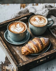 Latte Art Coffee and Croissant on Wooden Tray