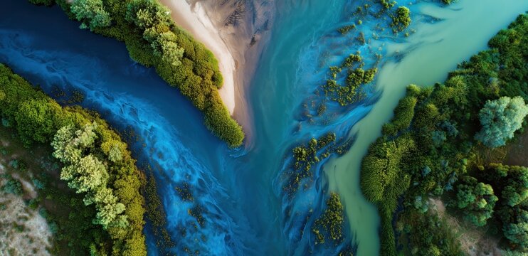 River Meeting: Aerial view showcases a mesmerizing confluence where two rivers converge, their waters of diverse hues merging in a stunning natural ballet.