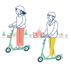 電動キックボードに乗る男性と女性