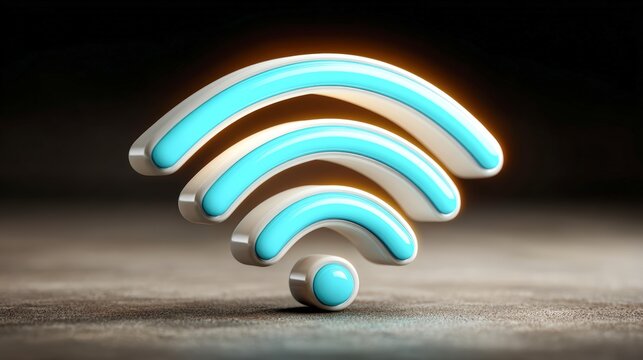 Stylized 3D wireless signal icon with a glowing effect on a textured surface, ideal for tech-related content, website design, mobile applications, or promoting internet services,