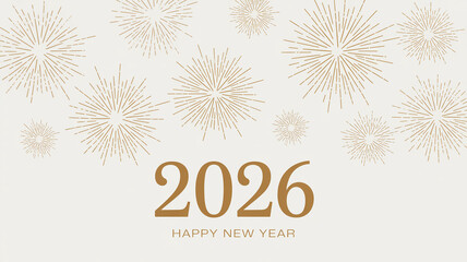 Happy new year 2026 with golden fireworks on a light background