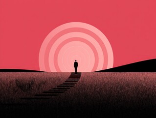 Man on Stairs Toward Concentric Circles