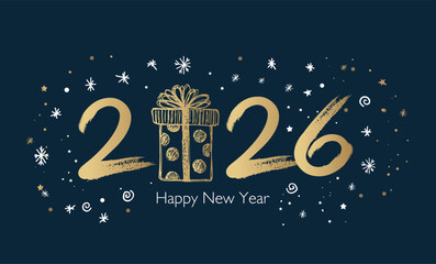 Happy New Year 2026 Greeting Card with Golden Brush Strokes