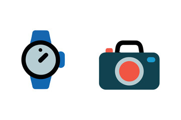 A blue watch with a white face and a dark blue camera with a red lens on a white/PNG background icon set vector, illustration, artwork
