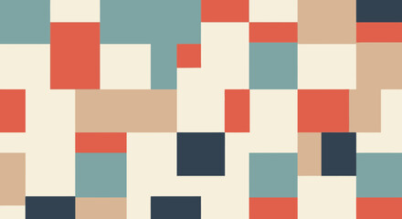 Abstract geometric pattern of squares and rectangles in shades of blue, red, beige, and white.