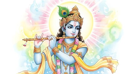 Harmonious depiction of deity with flute amidst radiant halo and watercolors