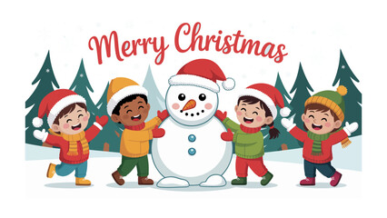 Christmas Cheer: Joyful children gather around a cheerful snowman, spreading holiday spirit and celebrating the season of giving.