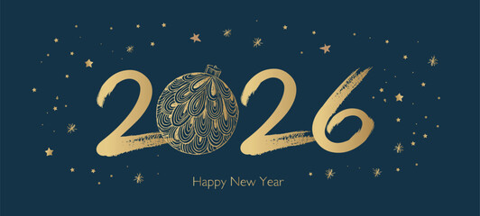 Happy New Year 2026 Greeting Card with Golden Brush Strokes	
