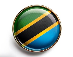 Vibrant glossy round icon button showcasing the national flag of Tanzania, featuring its distinctive green, black, yellow, and blue stripes, set against a clean white background