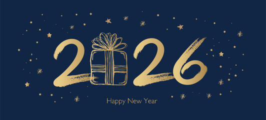 Happy New Year 2026 Greeting Card with Golden Brush Strokes	
