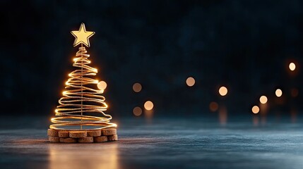 A unique Christmas tree crafted from wine corks is illuminated by soft glowing lights against a dark background. The top view highlights the intricate design and allows for custom holiday messaging