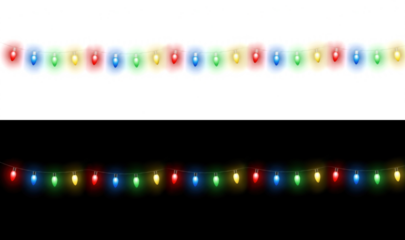 Multicolored glowing string Christmas lights hanging isolated, symbolizing festive decorations for Christmas and New Year celebrations and parties.