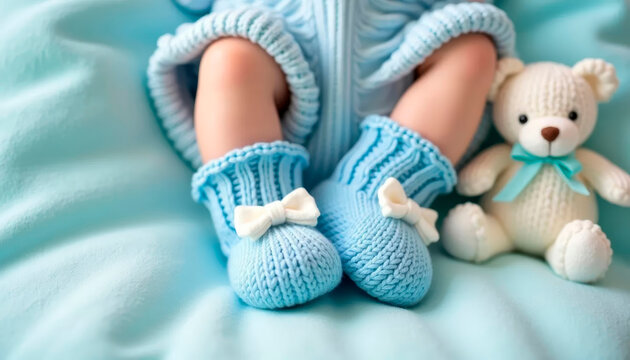 Newborn feet in blue knitted booties. Congratulatory concept for the birth of a baby. Baby gender announcement.
