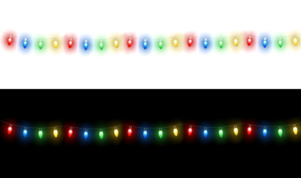 Multicolored glowing string Christmas lights hanging isolated, symbolizing festive decorations for Christmas and New Year celebrations and parties.