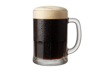 Tall glass beer mug filled with dark stout and frothy tan head