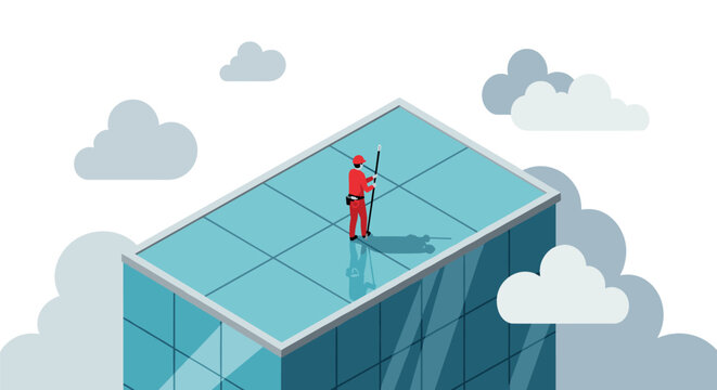 Isometric maintenance worker cleaning skyscraper windows with clouds in the background