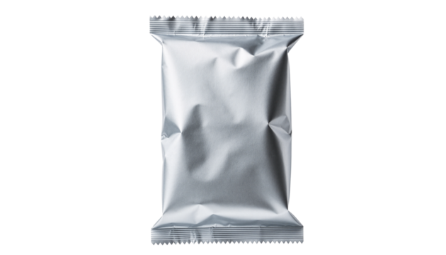 Silver foil pouch packaging, plastic bag isolated on transparent and white background
