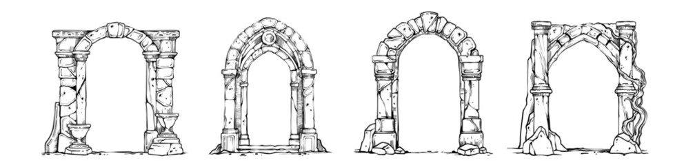 Fototapeta premium Stone arch frame set, hand drawn fantasy portal doorway, ancient medieval gate ruin ink illustration. Architecture facade archway, old rock column entrance exterior. Engraved stone castle arch clipart