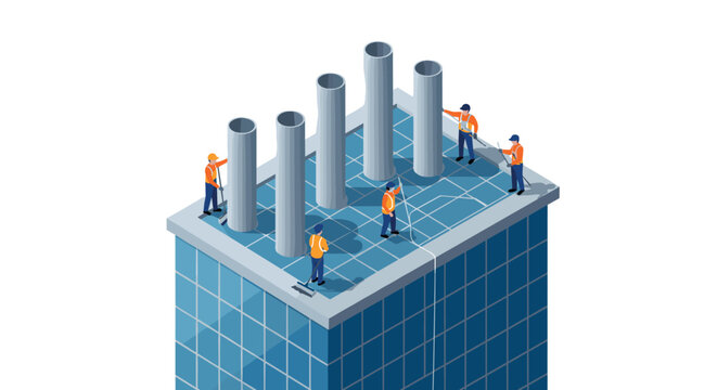 Construction workers on building rooftop undergoing renovation in isometric design