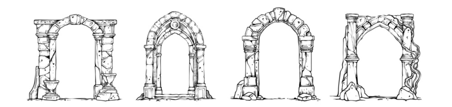 Stone arch frame set, hand drawn fantasy portal doorway, ancient medieval gate ruin ink illustration. Architecture facade archway, old rock column entrance exterior. Engraved stone castle arch clipart