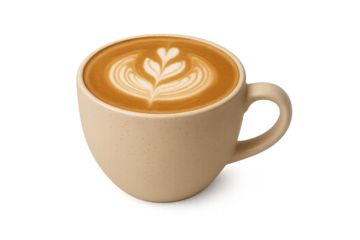 Beige ceramic cup of latte with rosette latte art against transparent background