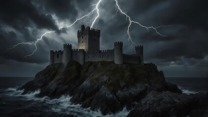 Dramatic Castle on a Rocky Outcrop During a Lightning Storm at Night.