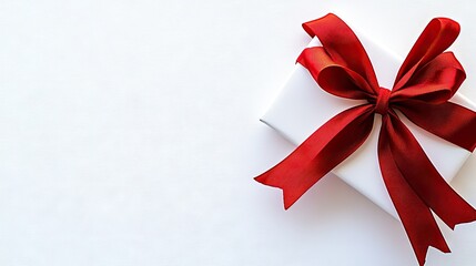 A striking red ribbon is beautifully tied into a bow on a blank white gift card laid on a clean white surface. This arrangement leaves ample space for handwritten messages or thoughtful notes