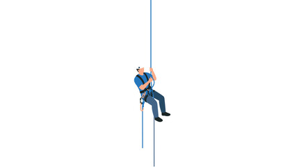 Minimalist worker safely descends rope with harness in focused outdoor adventure scene