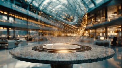 A futuristic holographic globe floats above a sleek table in a modern, brightly lit office space, ideal for technology, innovation, or business projects
