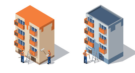 Isometric urban building renovation with construction worker painting facade