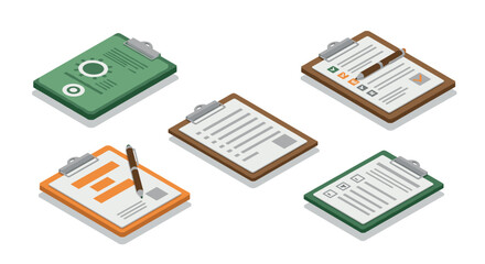 Colorful isometric clipboard set with documents and pens for office design