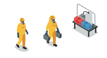 Isometric hazmat workers handling equipment in safety gear