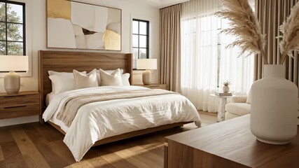Plush bedroom sanctuary features white bed, wooden headboard, and vase with dried plants, capturing peaceful retreat concept for stock media buyers seeking relaxing, rejuvenating.