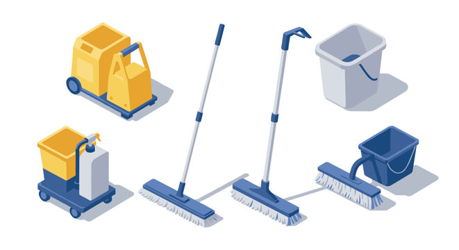 Isometric cleaning tools set with mops and buckets in modern style