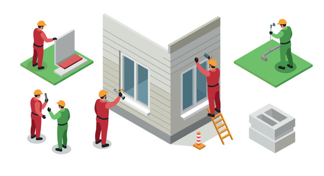 Isometric construction workers installing siding and windows on a house
