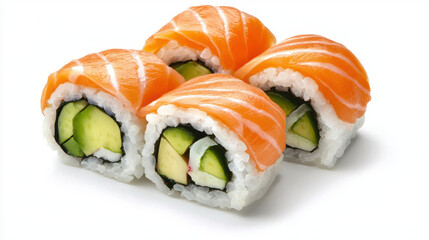Fresh sushi rolls with salmon, avocado, and cucumber, beautifully arranged on white background, evoke sense of culinary delight and freshness