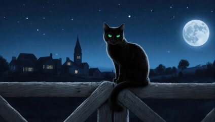 Black Cat Sits on a Fence Under a Full Moon.