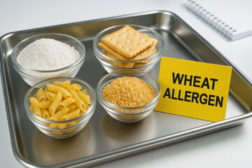 Wheat allergen food allergy awareness showing common ingredient. serious haccp concept highlighting health risk like gluten intolerance and celiac disease for sensitive people