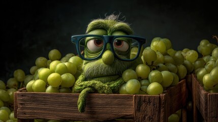 Anthropomorphic Elderly Grape Character with Glasses in Wooden Crate