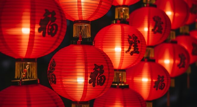 Bright red chinese lanterns glowing, traditional new year festival. - Powered by Adobe