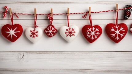 Red felt decorations shaped like hearts and stars, adorned with snowflake patterns, hang neatly on a clothesline. The rustic white wooden background adds a warm holiday touch