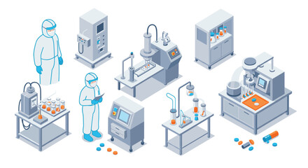 Isometric laboratory equipment and scientists in protective gear for pharmaceutical research